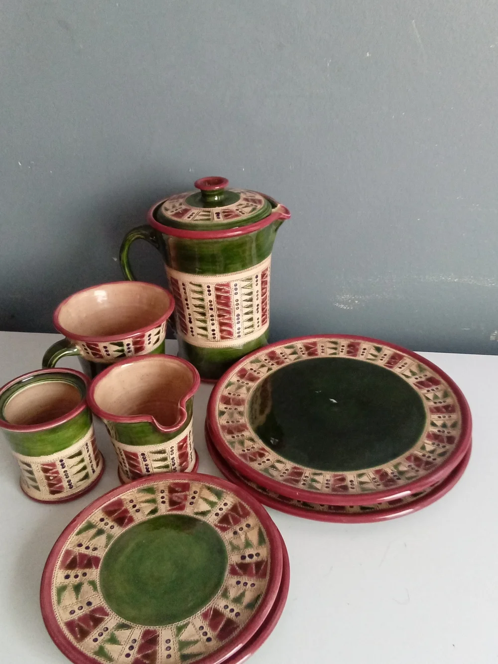 Handmade Studio Pottery Set Green Burgundy Geometric Pitcher Plates Mugs 9pc
